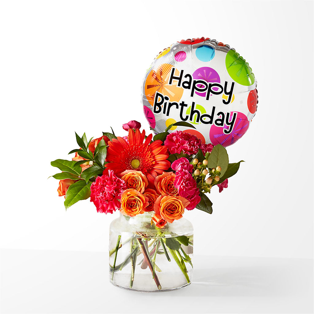 Fiesta Bouquet with Birthday Balloon – As Seasons Change Down South, Foley AL