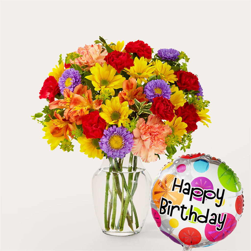 Kaleidoscope Bouquet with Birthday Balloon – As Seasons Change Down South, Foley AL
