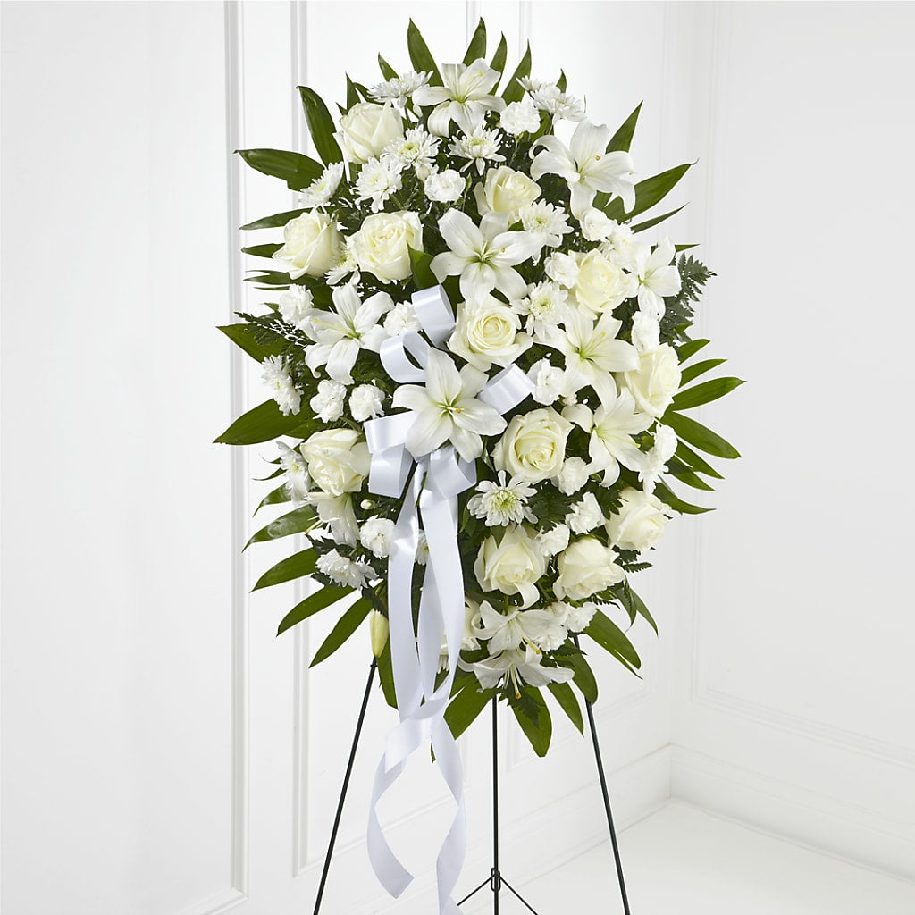 Exquisite Tribute Standing Spray-White Ribbon – As Seasons Change Down South, Foley AL